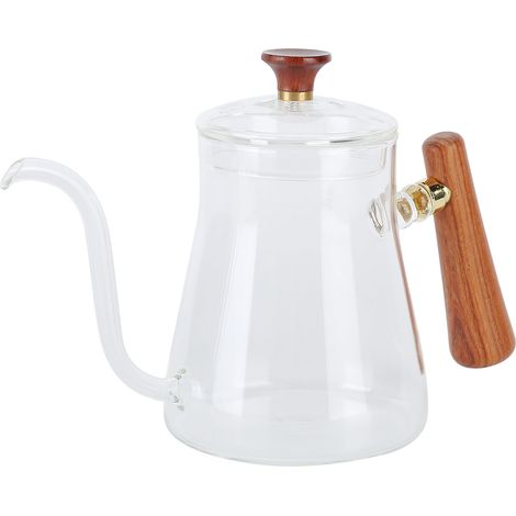Bouilloire à café filtre en verre borosilicate haute résistance à la chaleur, poignée ronde en bois isolée, col de cygne, 600 ml (1/5)