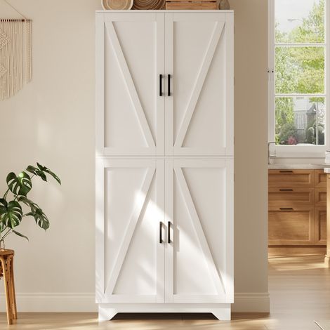 Buffet enfilade 80×40×180 cm, armoire haute 4 portes coulissantes style grange, casier à vin, étagères, salon salle à manger, blanc, naturel (1/5)