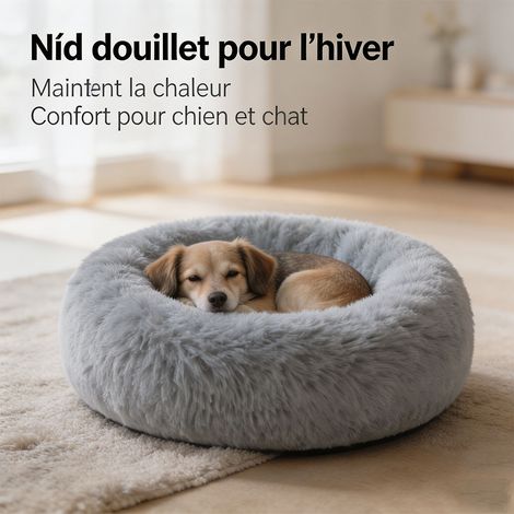 Coussin pour chien et chat en peluche épaisse, panier rond moelleux d'hiver, diamètre 40 cm, lavable - Gris clair (1/5)