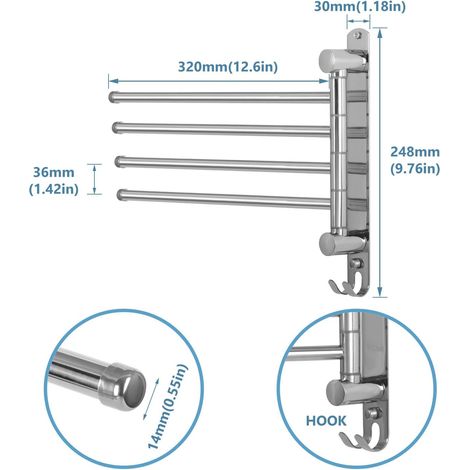 Porte-Serviettes Salle de Bain avec 4 Barres 180°rotatives sèche-Serviettes en Acier Inoxydable SUS304 32 cm Porte Serviette Murale, Surface qui se nettoie sans laisser de traces (1/5)