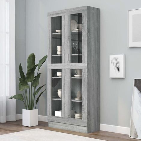 Vitrinenschrank Sonoma Grau mit Glastüren, Bücherschrank und Sideboard (1/5)