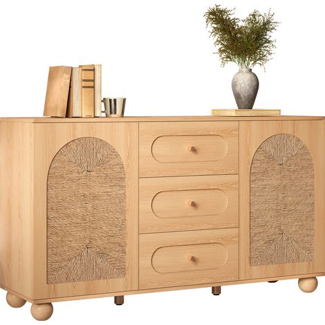Buffet avec portes en osier, commode à deux portes et trois tiroirs, meuble d'entrée en panneau de particules + MDF, meuble avec pieds boule en pin, meuble de rangement pour salle à manger, armoire de (1/5)