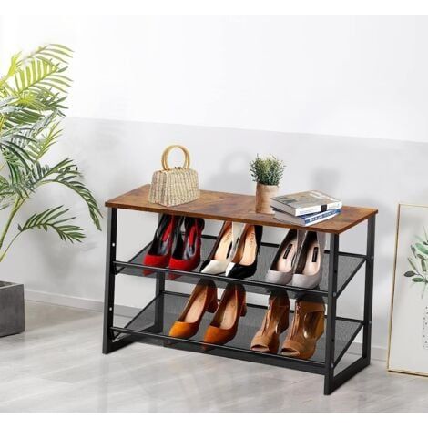 étagère à Chaussures, Meubles à Chaussures à 2 Niveaux, Porte-Chaussures, Plat ou Incliné, Étagère de Rangement pour Entrée, Salon, Chambre, Couloir, Cadre en Métal, Marron et Noir (1/4)