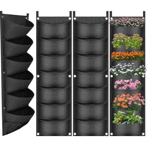 Lot de 4 sacs de plantation à suspendre avec 7 poches, sacs de culture verticaux en feutre à une rangée pour légumes, fraises, fleurs, cour, jardin et balcon (noir) (1/5)
