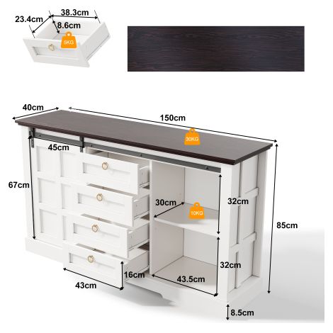 Buffet de rangement — Doté de portes coulissantes, de 4 tiroirs et d'étagères réglables  un buffet au style rustique « ferme » qui dégage un charme vintage  convient pour la cuisine, la salle à manger (1/3)