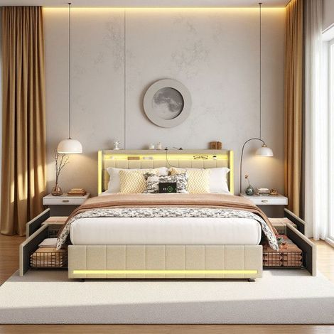 Letto matrimoniale con contenitore 160x200 - letto con cassetto imbottito in lino beige - LED RGB integrato - 4 cassetti in metallo - USB-A/Type-C