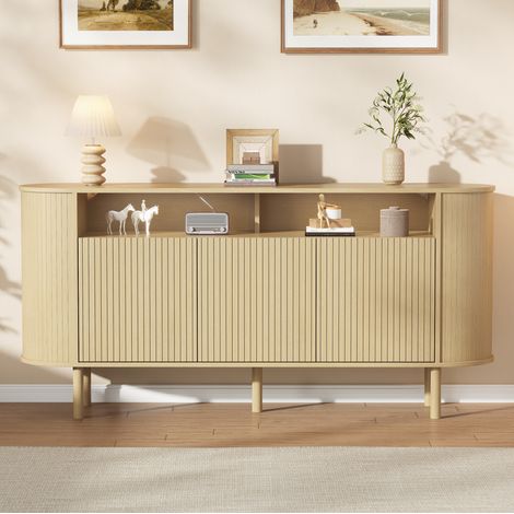 Aparador moderno (160x40x78.5 cm), 3 puertas onduladas, 2 compartimentos abiertos, tablero de partículas, color natural (1/5)