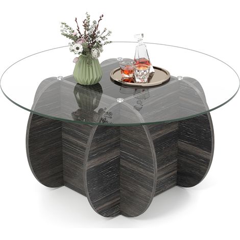 Table Basse Ronde de 89 cm, Table d'Appoint avec Plateau en Verre Trempé, Base en Bois Massif, Compartiment de Rangement Caché, Charge de 100 kg (1/5)