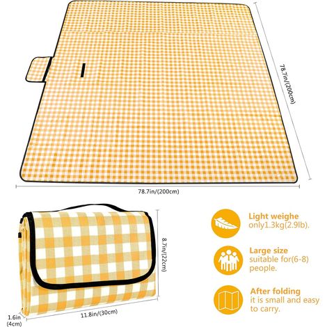 Wasserdichte, waschbare, leichte Picknickdecke mit Griff, gelb kariert, ideal zum Wandern, Reisen, Campen und für Parks, 200 cm x 200 cm