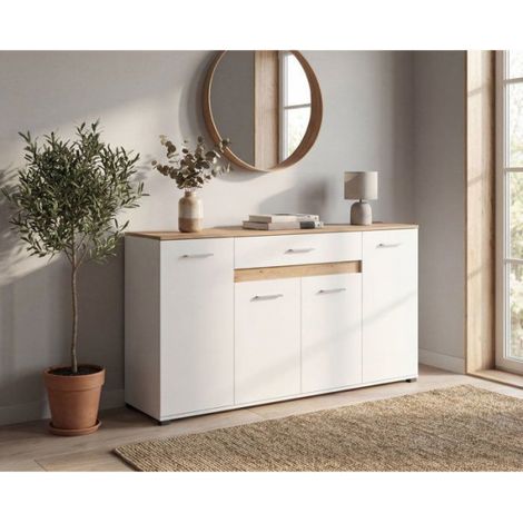 Buffet VOLOS - Blanc & Chêne Artisan - 4 portes, 1 tiroir - 160 x 37,5 x 90 cm (1/5)