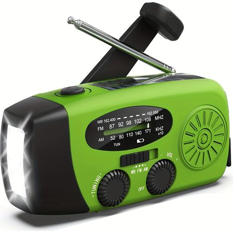 Radio d'urgence à manivelle avec lampe torche LED, alimentation solaire 2000 mAh/USB/fonction de prévision météo NOAA. (1/5)