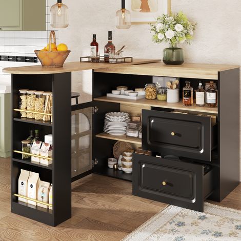 Meuble bar pivotant extensible 204 cm MDF noir (1/5)
