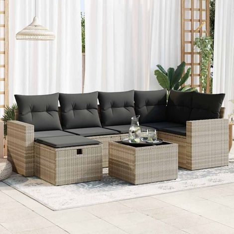 Set de sofás de jardín 7 pzas con cojines ratán PE gris claro vidaXL (1/5)