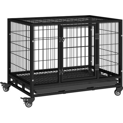 Jaula de Metal para Perros con Ruedas y Frenos Bandeja Extraíble y Puerta con Pestillo para Golden Retriver Labrador 92x62x75 cm Negro (1/5)