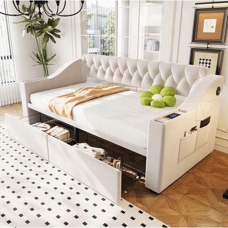 Canapé-lit rembourré en velours beige 90x190 cm avec USB, rangements intégrés et 2 tiroirs (1/5)