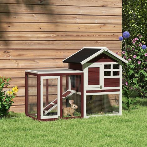 Clapier extérieur en bois cabane rampe brun - Dimensions: 123,5x62,6x92,5 cm - Couleur: Blanc