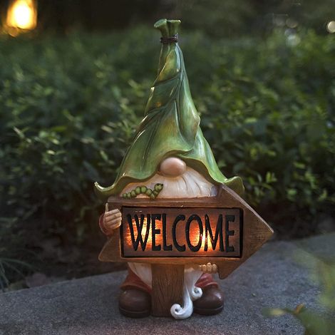 Figurine de jardin en résine - Tomte gnome de Noël avec longue barbe et panneau de bienvenue avec LED (1/4)
