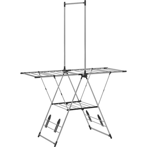 Séchoir à linge pliable réglable 5 niveaux, étendoir mural avec 4 porte-chaussures, acier inoxydable argenté (1/5)