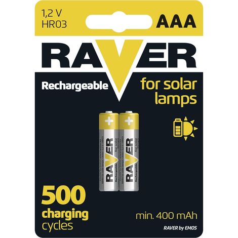 Raver by - Lot de 2 Micro Piles solaires AAA Rechargeables pour Lampes solaires - NiMH - 1,2 V, HR03, 400 mAh - Température de Fonctionnement : de -20 °C à +50 °C - 500 Cycles de Charge Min (1/5)