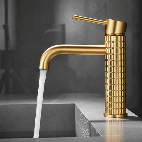 Robinet Mitigeur de Lavabo en Laiton Modèle Bas Or Brossé avec Flexibles 60 cm Eau Chaude et Froide pour Salle de Bain Vasque 25 × 21,5 × 7,5 cm – Livraison gratuite (1/5)