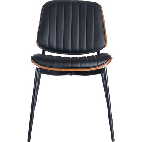 Lot de 2 chaises de salle à manger rétro style mi-siècle en simili cuir noir avec dossier bois courbé noyer et pieds métal (1/5)