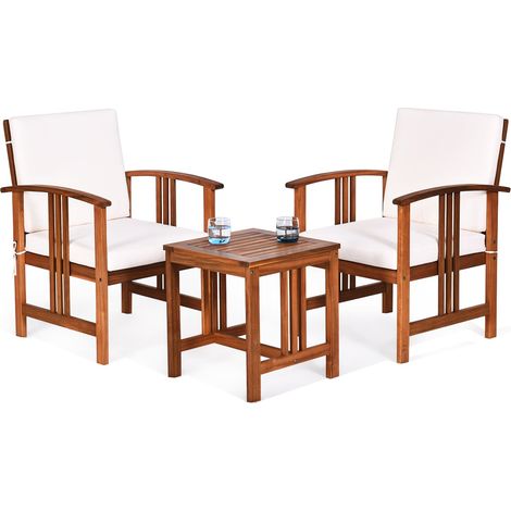 COSTWAY 3-Piece Outdoor Acacia Wood Sofa Set with Cushions-White