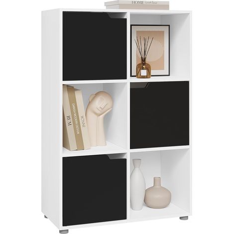 Bibliothèque Étagère de Rangement WOLTU, Meuble Cube 59,6x29x91cm, en MDF, avec 3 Portes, 6 Compartiments, Blanc+Noir (1/5)