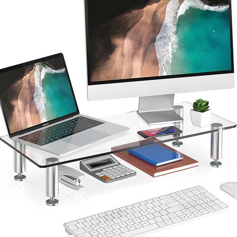Réhausseur d'Écran en Verre,Support de Moniteur,Support d'Ordinateur Portable,PC,TV,pour le Bureau et la Maison,56x24x9,5cm (1/5)
