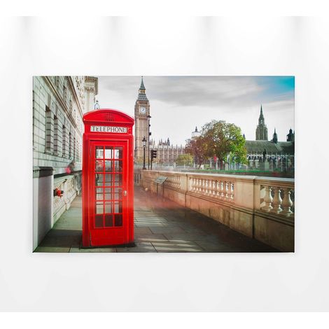 Tableau paysage ville de Londres | Tableau sur toile moderne pour chambre d'ado | Tableau cabine téléphonique rouge et Big Ben 0,9 x 0,6 m (1/5)