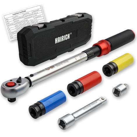 Clé Dynamométrique 1/2", Torque Wrench 40–210 Nm, Set 6 Pièces avec Rallonge 125 mm, Adaptateur 1/2"-3/8" et 3 Douilles – Changement de Pneus (1/5)