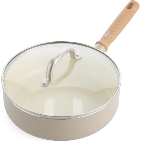 GreenChef Nordics Tegame con Coperchio in Vetro e Rivestimento Ceramico Antiaderente, 24 cm/3,1 L, Compatibile con Induzione, Manico Legno, Senza PFAS, Adatto Forno 220 °C, Lavastoviglie, Crema (1/5)