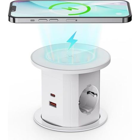 Prise électrique standard européenne avec recharge sans fil 15W, commutateur, port USB-C de bureau, 1,8m intégré (1/5)