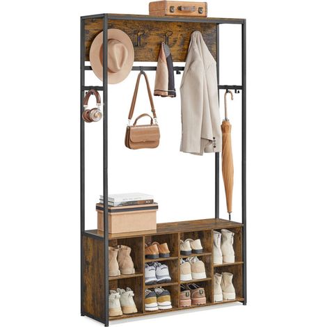 Porte-manteau meuble d’entrée avec étagères à chaussures 32 x 100 x 180 cm étagères réglables compartiments ouverts style industriel pour entrée couloir marron