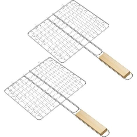 Lot de 2 paniers barbecue en acier inoxydable avec longue poignée bois résistant à la chaleur - Panier cuisson pour poissons entiers, filets, fruits mer et légumes, 42 x 22 (1/4)
