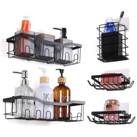Étagère de douche, organiseur de salle de bain sans perçage, support de rangement autocollant, étagère murale antirouille pour salle de bain, cuisine et plan de travail (noir, lot de 5) (1/4)