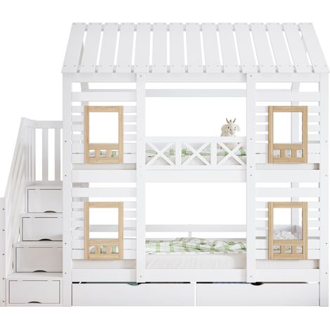 Lit superposé enfant 90x200 cm avec fenêtres, 2 tiroirs à roulettes et escalier de rangement, finition blanche et bois, structure en bois et MDF  CHICFURN (1/5)