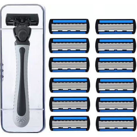 rasoir electriques hommes-Rasoir Manuel 6 Lames – Manche Gris avec Interrupteur + 12 Lames Noires et Bleues 6 Couches + Étui de Rangement, Adapté à Tout Type de Barbe (1/4)