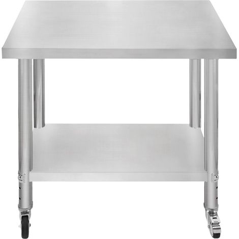 Tavolo da lavoro per catering Tavolo da cucina in acciaio inox per la preparazione degli alimenti Mobile 4 ruote piroettanti con 2 freni e 4 piedini adattabili Ripiano inferiore regolabile 3 posizioni