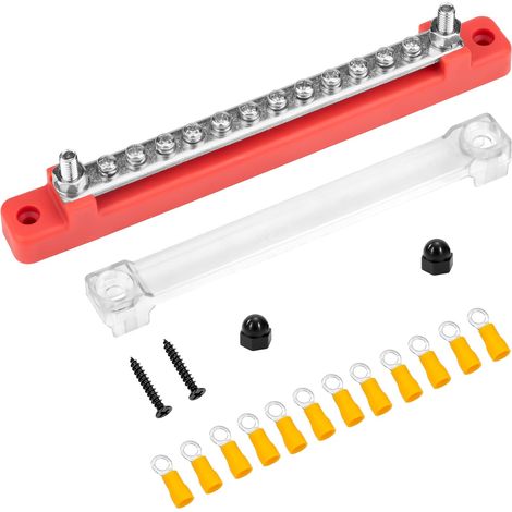 Bloc de Distribution D'alimentation 12V-48V DC Barres de Distribution D'énergie BusBar 150A avec 12 x M4 Boulons de Borne pour Voiture Camion Rouge