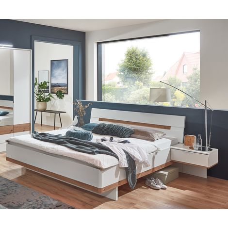 Lit adulte double 180x200 cm King Size + 2 chevets coloris blanc/imitation chêne artisan - Longueur 292 x Profondeur 210 x Hauteur 85 cm -PEGANE- (1/3)