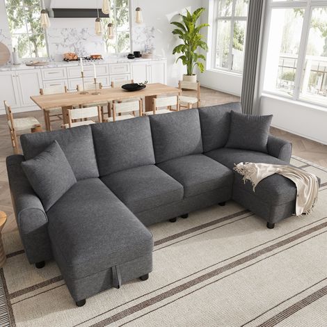 Canapé en U en chenille, 280 x 137 x 84 cm, gris, deux méridiennes, rangements relevables, deux coussins, design modulable, pour salon, et espace de détente, mobilier de séjour, usage quotidien (1/5)