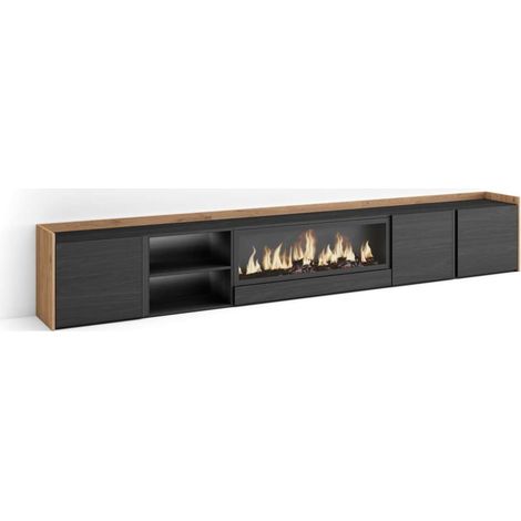 Mueble TV Arriate-02 de 315x50x35 cm con chimenea eléctrica y luces LED, color negro y roble (1/4)