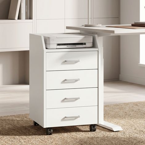 Cassettiera bureau bois 4 tiroirs, blanche, 40x36x65cm, roulettes et rebords surélevés (1/5)