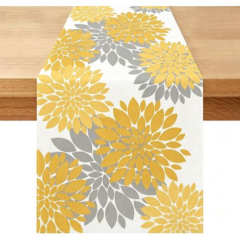 Chemin de Table Automne Dahlia Gris et Jaune Fleurs Été Hiver Décoration Nappe pour Cuisine Quatre Saisons Table Saisonnière Mariage Approprié Intérieur Fêtes Vacances 33 x 183 cm (1/5)