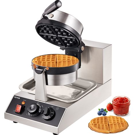 VEVOR Rundes Waffeleisen Waffel 1300 W, Kontaktgrill Belgische Waffeleisen 4 Stk. Edelstahl Waffeln Automat inkl. Lebensmittelclip & Bürsten & Verbrühungssicherer Griff, für Cafes, Restaurant usw. (1/5)