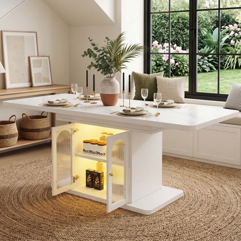 Table à manger extensible (150/200 x 80 cm) pour 6 à 8 personnes elle comprend un espace de rangement, un plateau épais et un bandeau lumineux LED style scandinave avec finition blanche et texture e (1/5)