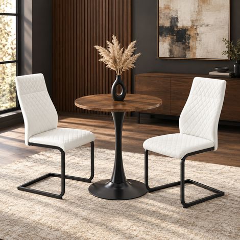 Esstisch-Set mit 2 runden Stühlen, Ø 60 cm, MDF, weiße PU-Sitze, schwarzes Metall (1/5)