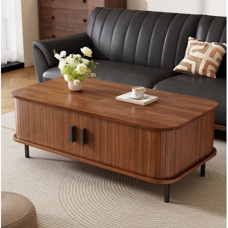 Tavolino rettangolare 100x50x45 cm con ante scorrevoli e vano contenitore, design scanalato, MDF color noce. (1/5)