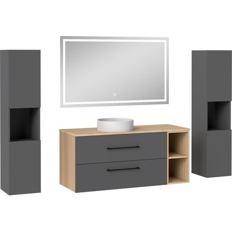 Océan Ensemble Meuble Salle de Bain 120cm avec Lavabo, miroir led + 2 colonnes 131.5cm, anthracite + chêne (1/5)