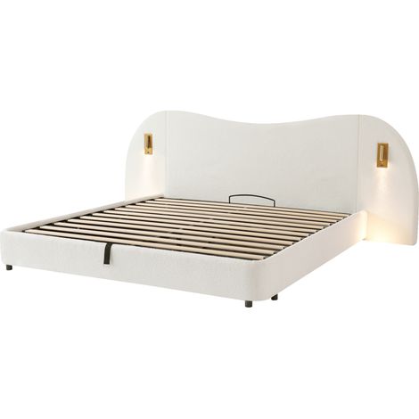 Polster-Doppelbett 180x200 cm in weißem Bouclé mit Lattenrost, Stauraum, USB und Lampen (1/5)